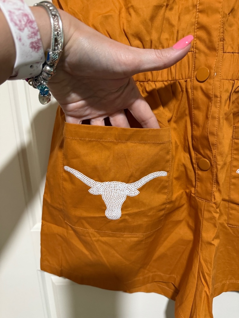 QUEEN OF SPARKLES Orange Short-Sleeve Utility Romper with White Embroidery - Picture 6 of 9